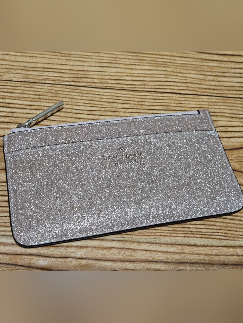 Kate Spade Slim Zip Card Holder Glitter Champagne
